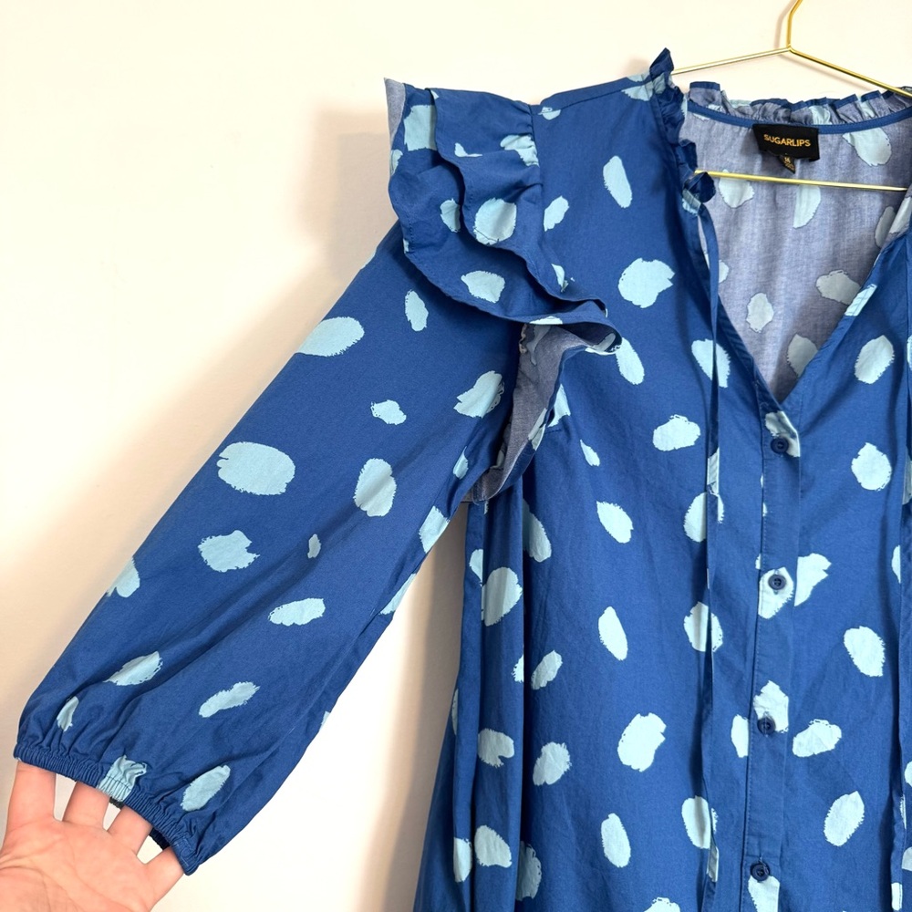 SugarLips Blue Polka Dot Ruffle Odessa Drop Waist Button Up Mini Dress Medium - Picture 4 of 8